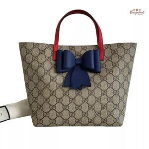 Authentic GUCCI Brown GG Supreme Monogram Red Leather Blue Bow Children's Tote